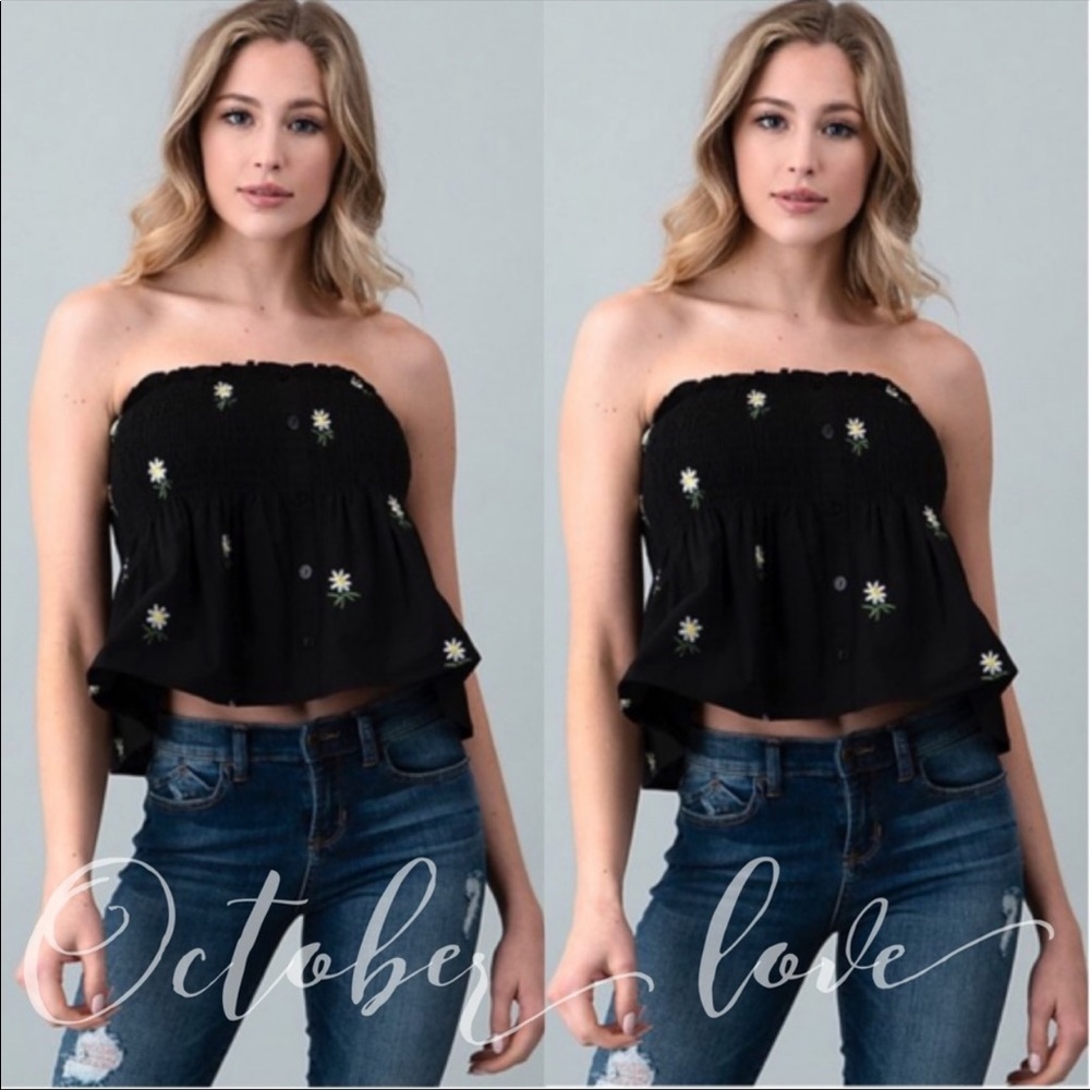 Black Strapless Embroidered Flower Tops